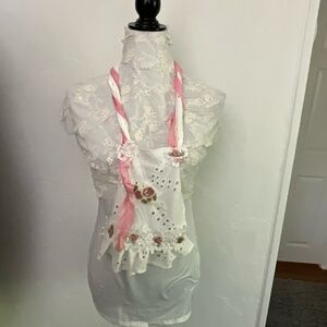 Handmade White Eyelet Lace Rose Jabot with Silk Ribbon